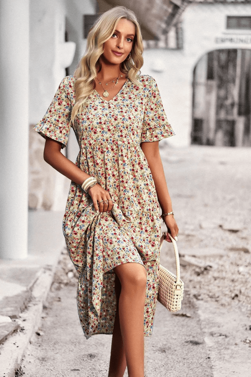 vestido midi, vestido floral, vestido boho, vestido com babado, vestido blogueira, vestido amarracao, vestidos, vestido com fenda, vestido praia, vestido soltinho
